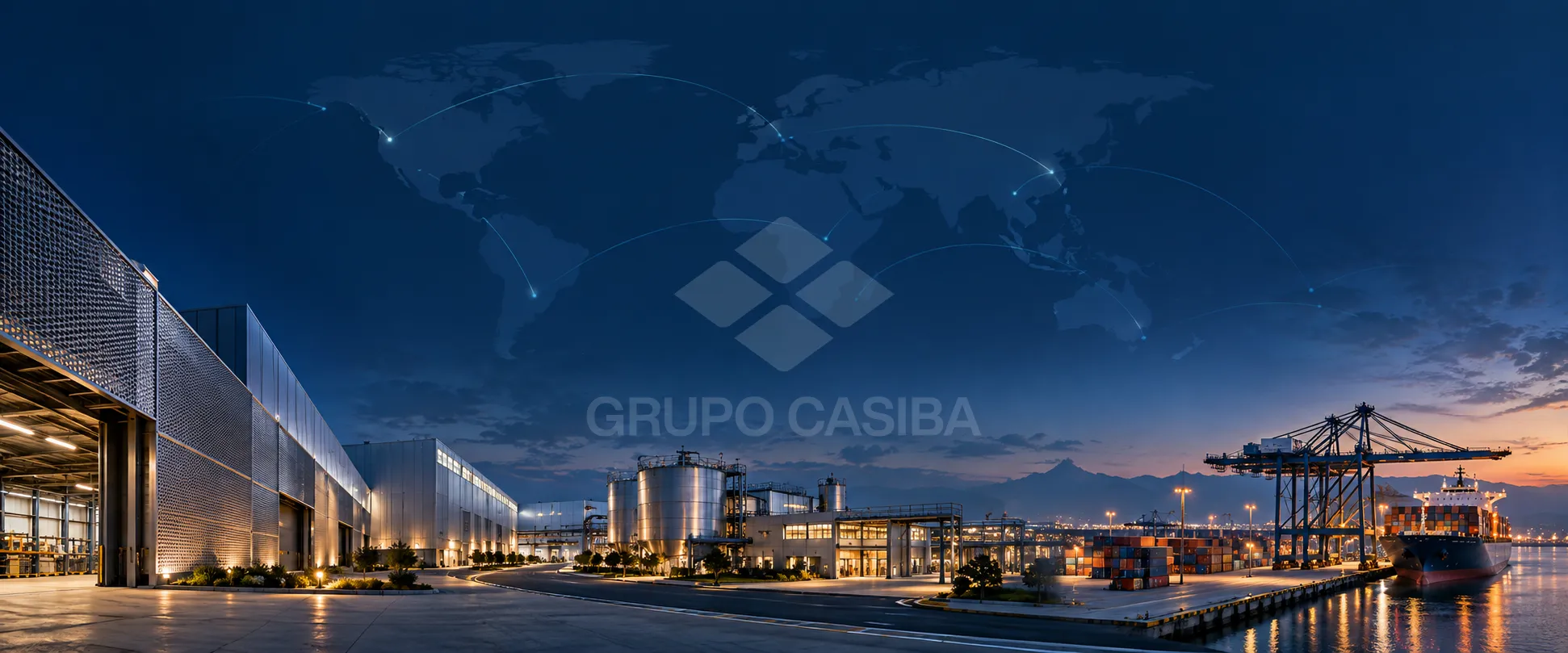 Composición conceptual de infraestructura industrial y conexiones internacionales